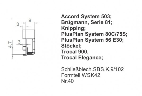 Winkhaus Sicherheitsschließblech SBS.K. 9/102 passend für Accord 503; Brügmann 81; Knipping; PlusPlan 80C/75S/56 E30; Stöckel; Trocal 900/Elegance