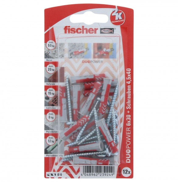 Fischer DUOPOWER 6x30 PH Dübel mit Panhead Schraube 12 Stück