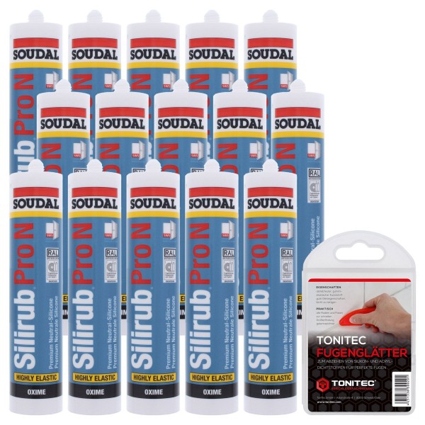 15x SOUDAL Silikon Silirub PRO N 310 ml Kartusche inkl. ToniTec® Fugenglätter Set