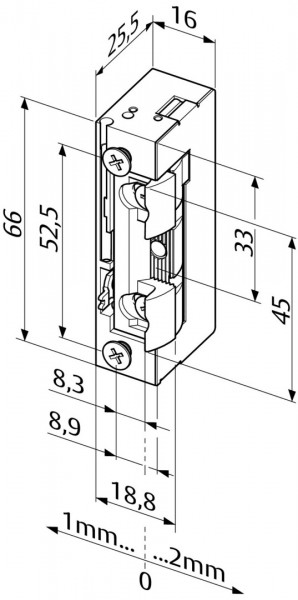 EffEff E-Türöffner 10-24 V o. Schließblech, m. Fallenrutsche, verstellb. Falle und mechanischer Entriegelung 118E130.....A71